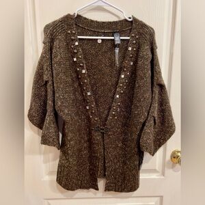 BKE Boutique Brown w/gold thread 3/4 sleeves. Rhinestones & large metal buckle.